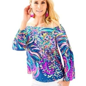 🎉HP! | Lilly Pulitzer 💎Adira Off the Shoulder Silk Top in "Beach Loot"